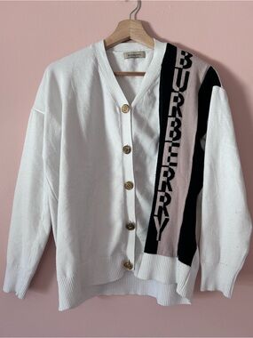 Burberry Cardigan Sweater White with Buttons and Logo Stripe